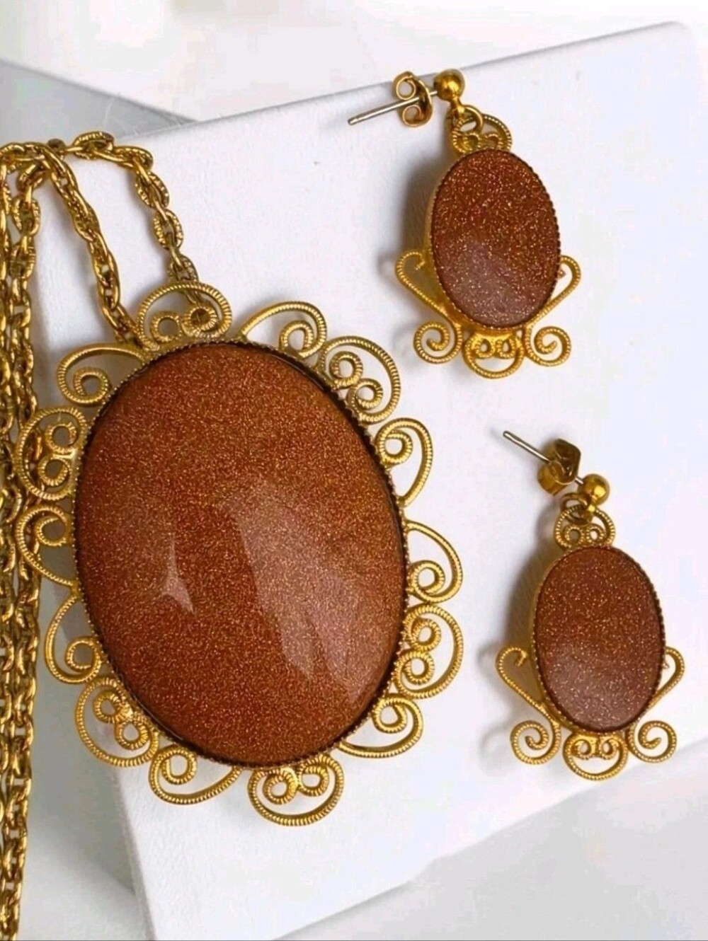 Vintage Goldstone Necklace Brooch Pendant Drop Pierced Earrings Filigree Set